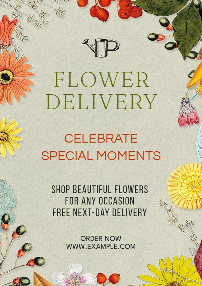 Flower delivery poster template, editable text