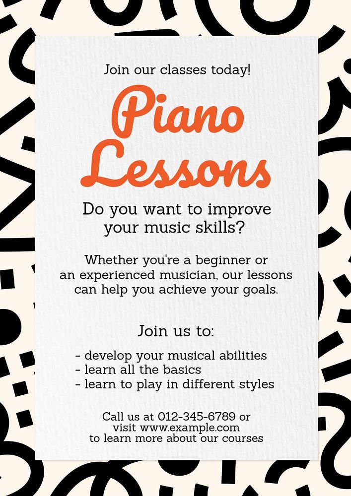 Piano lessons poster template, editable text