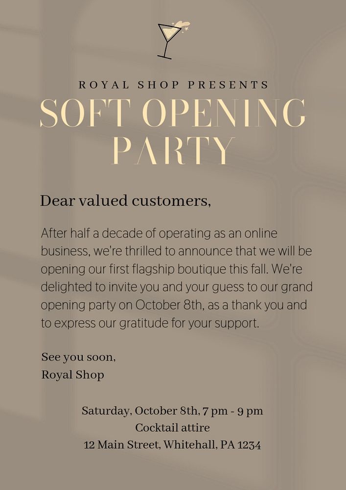 Soft opening party poster template, editable text