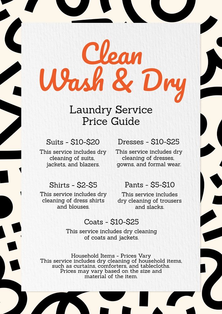 Laundry price list poster template, editable text