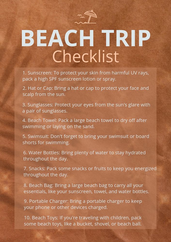 Beach trip checklist poster template, editable text