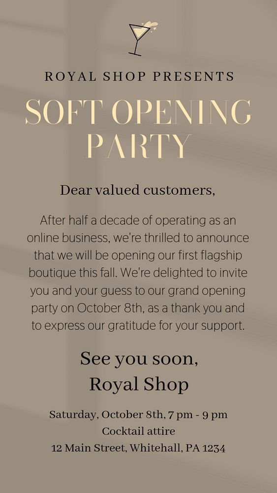 Soft opening party social story template, editable design