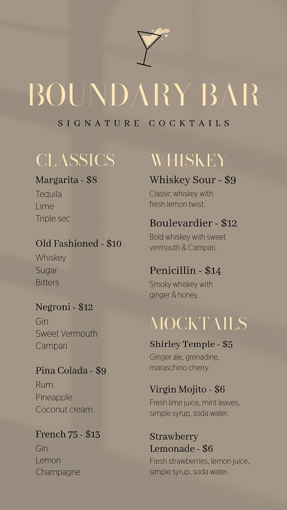 Cocktail menu social story template, editable design