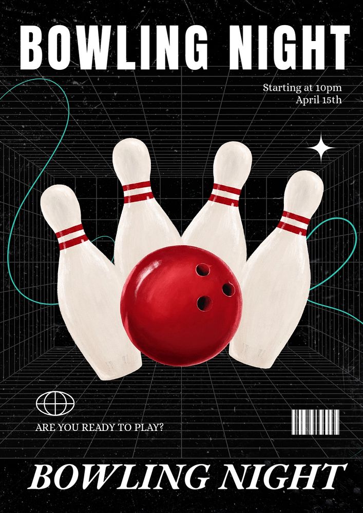 Bowling night poster template, editable text and design