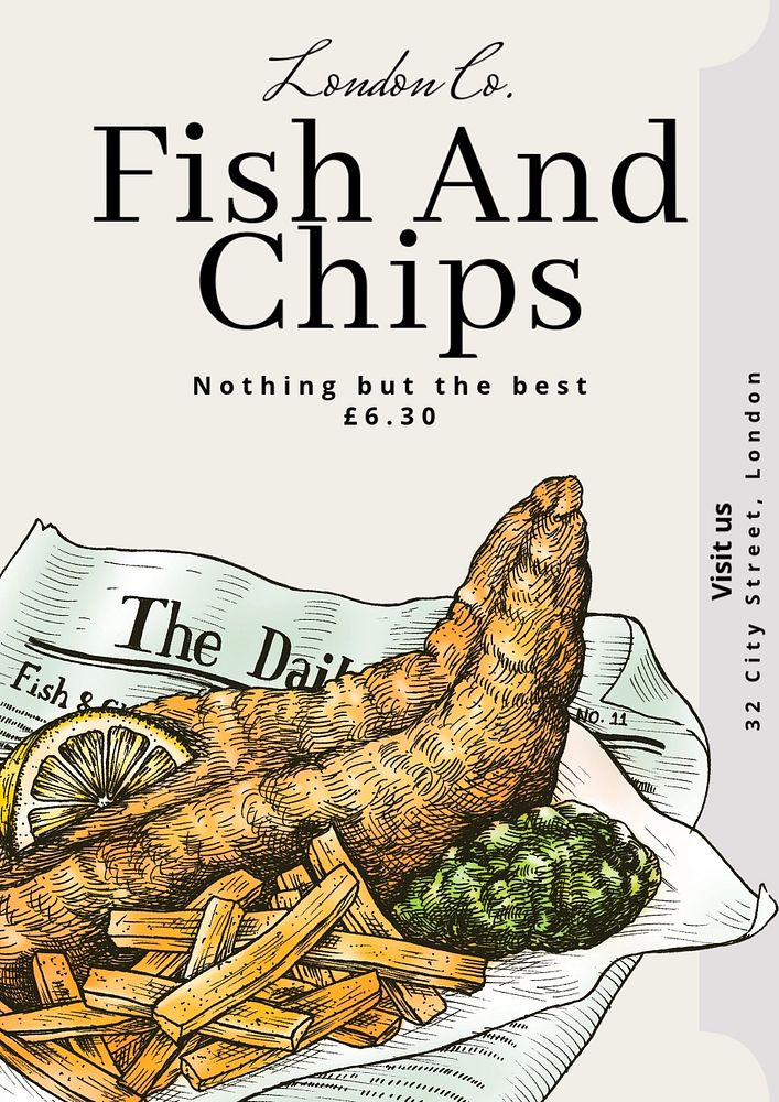 Fish and chips  poster template, editable text and design