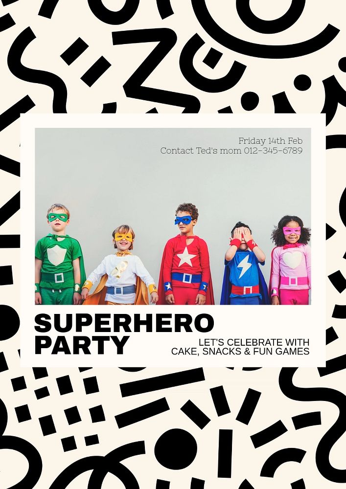 kids superhero party  poster template, editable text and design