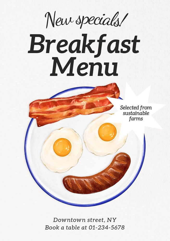 Breakfast menu  poster template, editable text and design