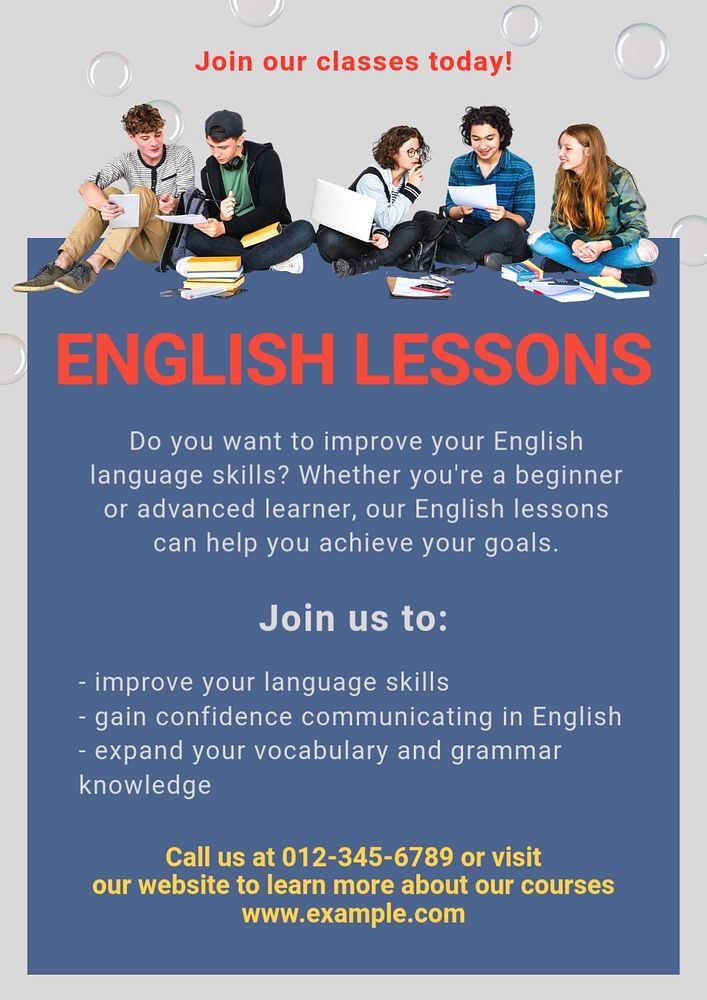 English lessons poster template, editable text