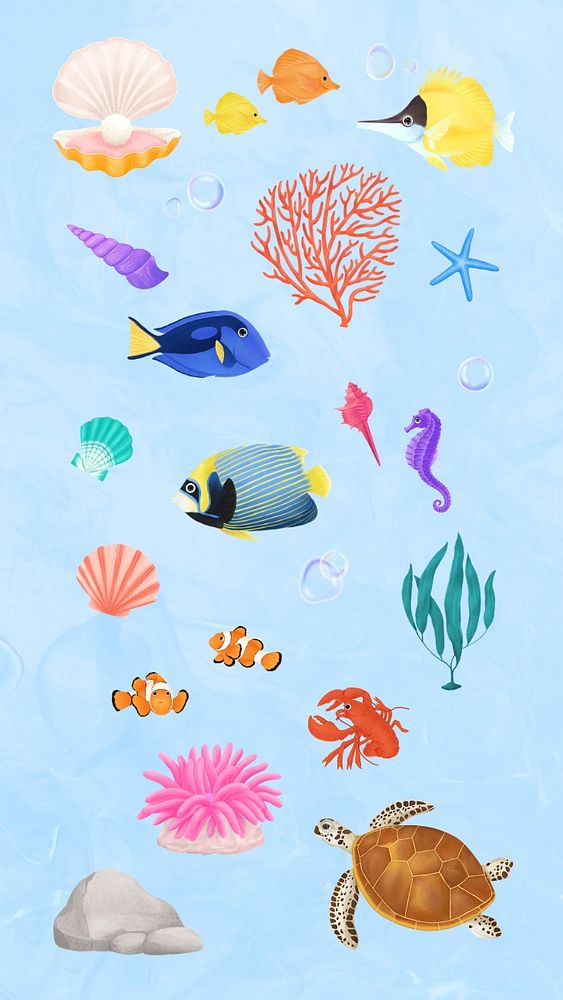 Colorful marine life, editable remix set