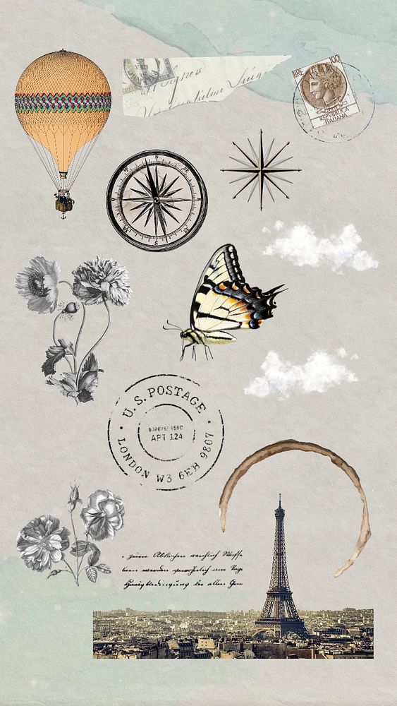 Vintage travel collage, editable remix set