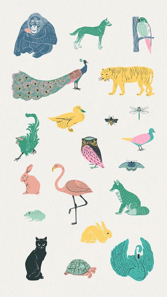 Pastel linocut animal, editable remix set