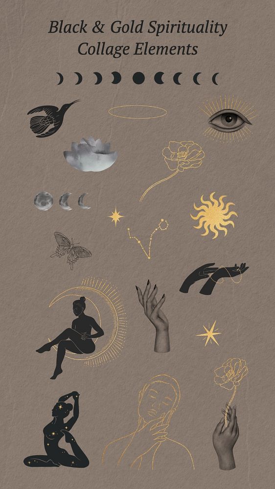 Black & gold spirituality, editable collage element remix set