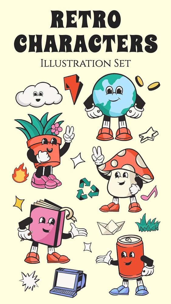 Retro character illustration, editable remix set