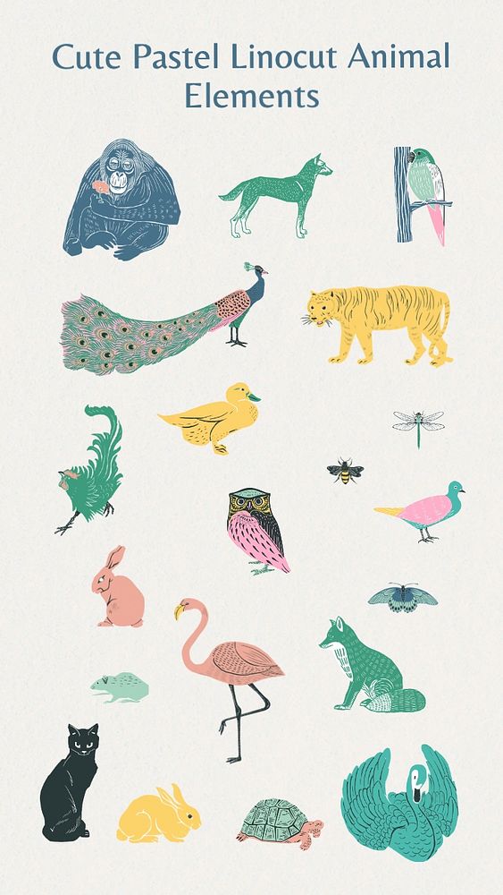 Pastel linocut animal, editable remix set