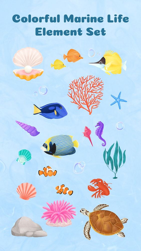 Colorful marine life, editable remix set