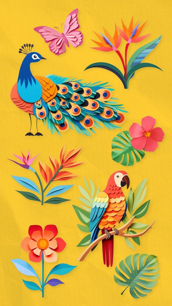 Tropical paper craft, editable design element set