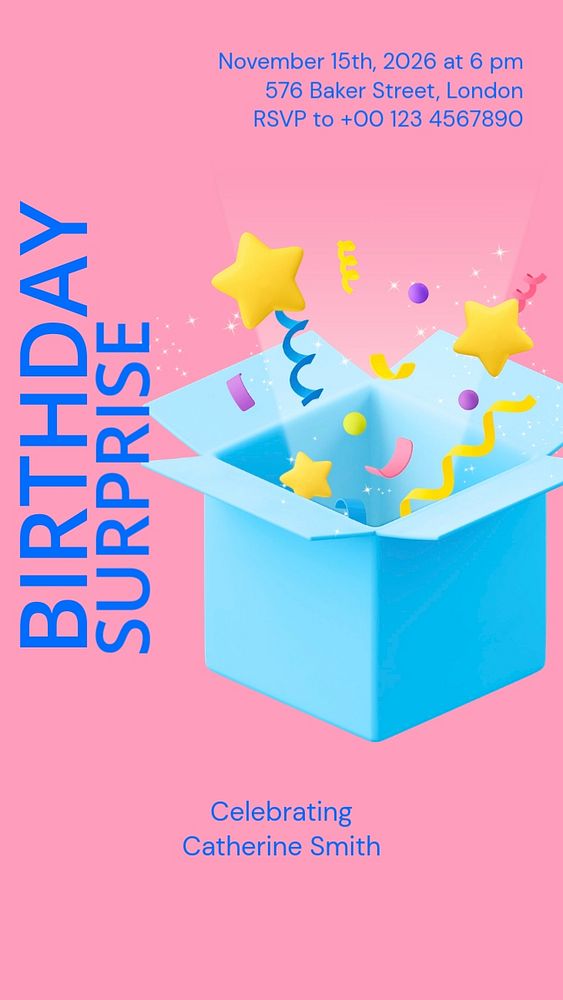 Birthday surprise Instagram story template, editable text and funky design