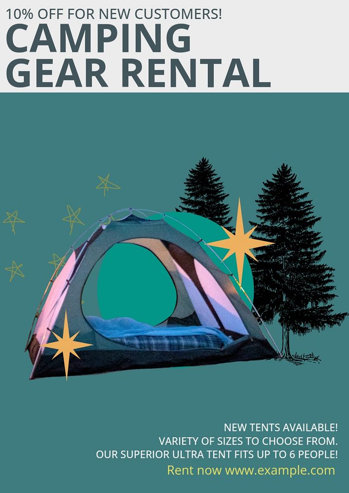 Camping gear rental poster template, editable text & design