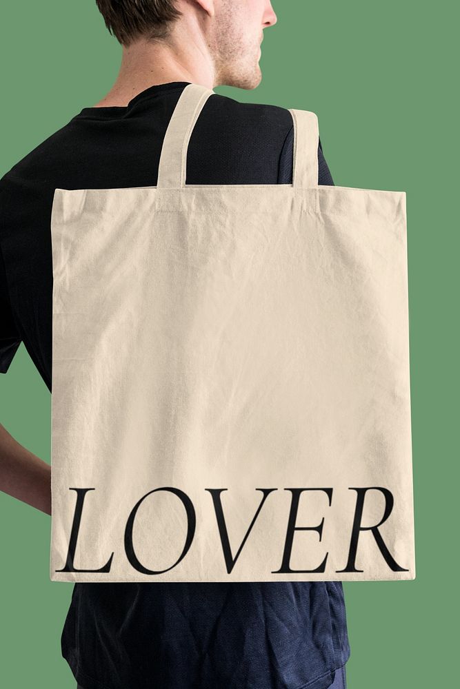 Editable tote bag mockup, male model design