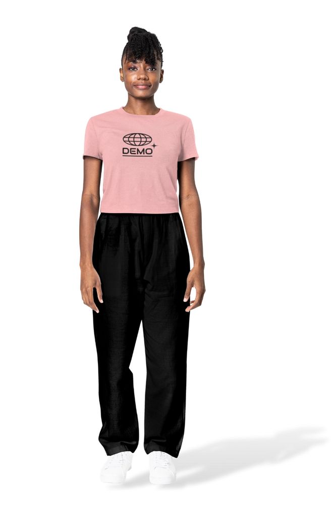 Editable women's street fashion mockup, pink t-shirt & black pants design