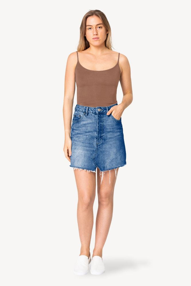 Women's Summer fashion mockup, editable denim skirt & tank top design