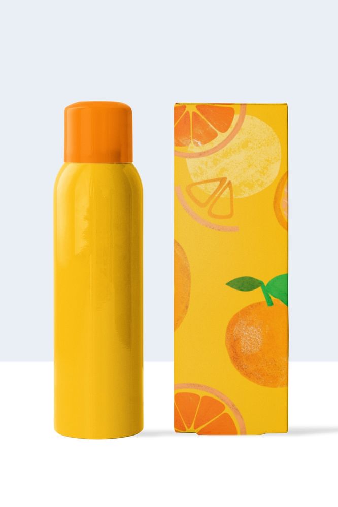 Sunscreen spray bottle mockup, customizable skincare packaging