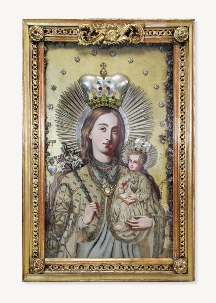 Picture frame mockup, vintage gold luxurious editable design, with Madonna and Child painting, remixed by rawpixel.