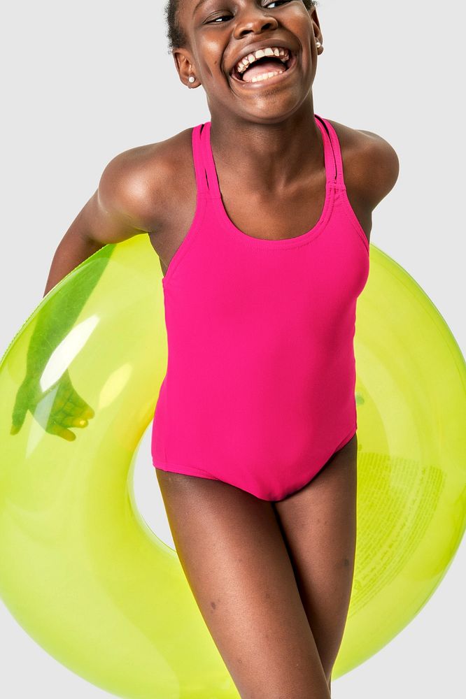 Kid's swimsuit mockup, African American girl editable design