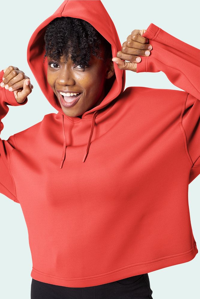 Hoodie mockup, happy African-American woman editable design