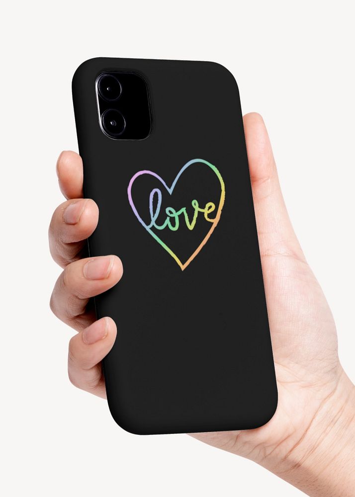 Editable black phone case mockup rear-view, held by hand