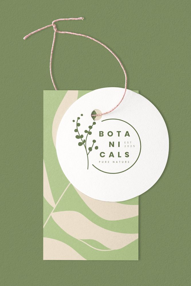 Editable green label tag mockup, flat lay design