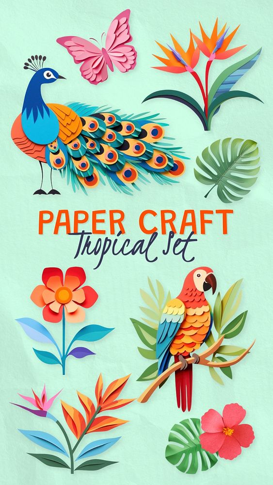 Tropical paper craft, editable design element set