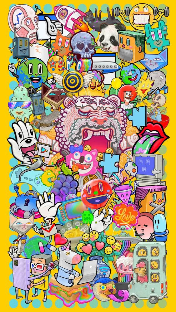 Funky chaotic cartoon iPhone wallpaper, editable colorful design