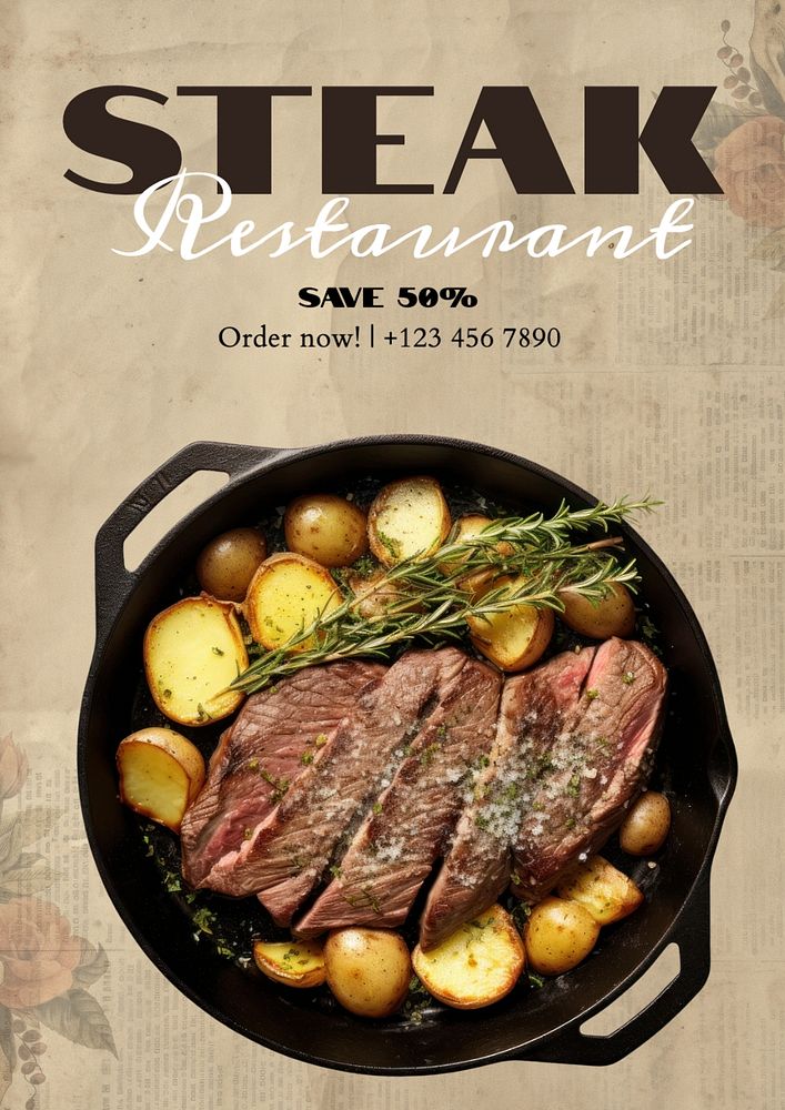 Steak restaurant poster template, editable text and design