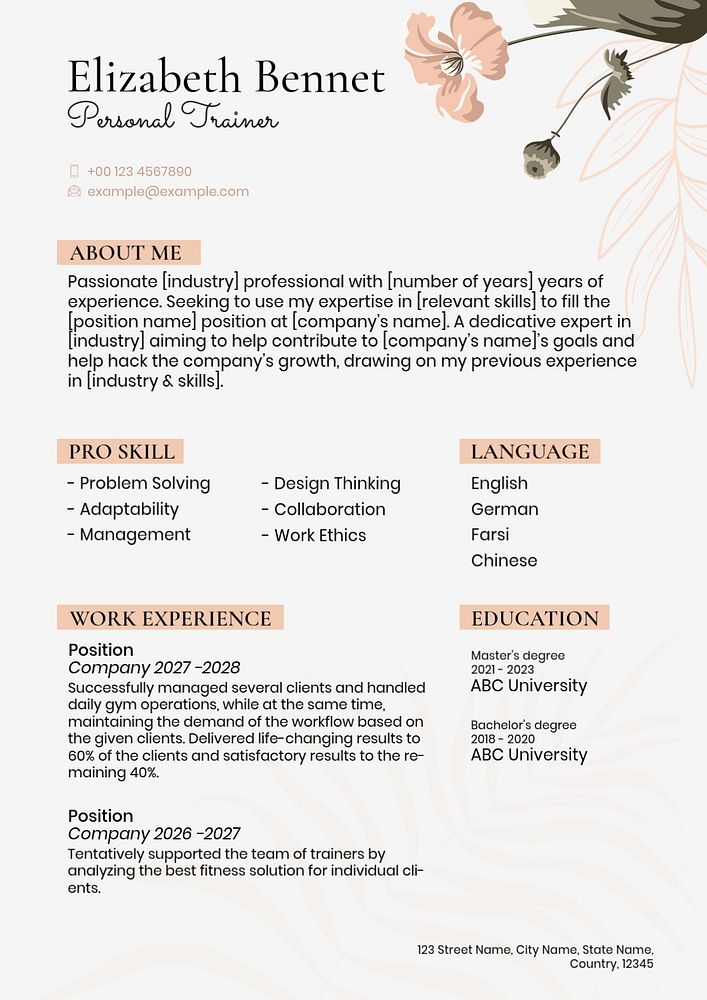 Flower aesthetic resume template, editable text