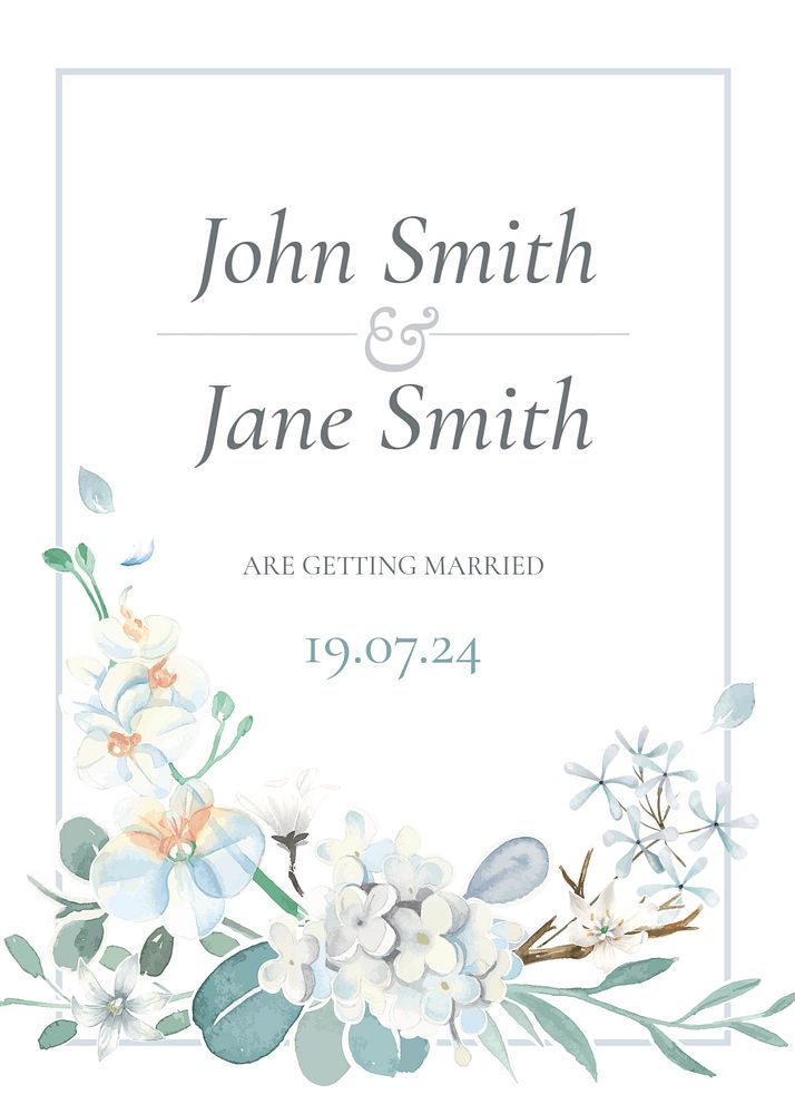 Wedding invitation card template, editable text and floral design