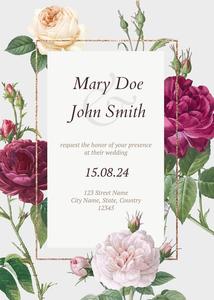 Floral wedding invitation card template, editable text and design