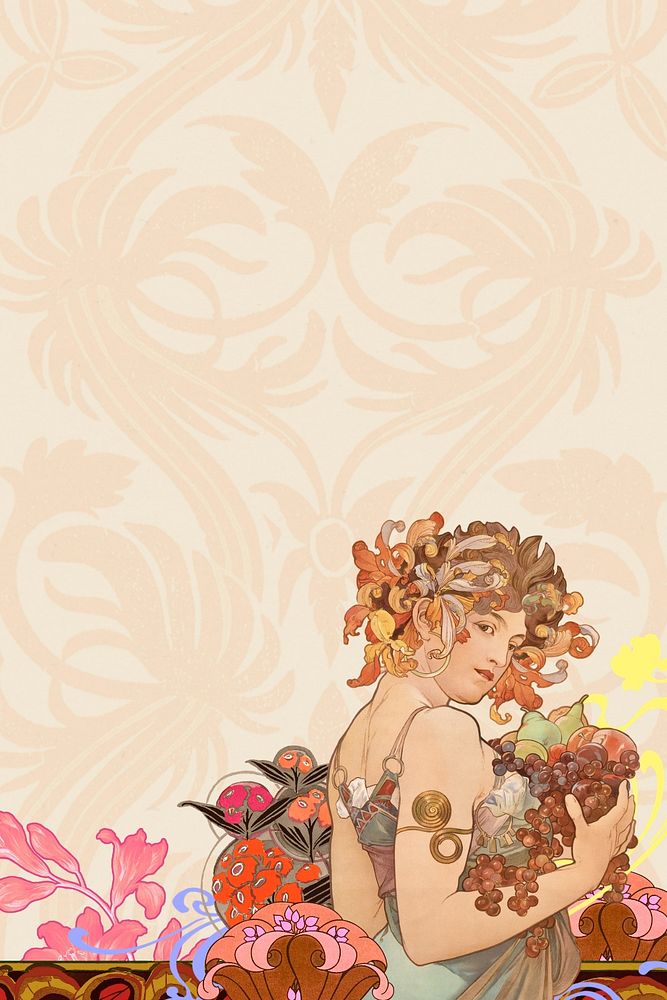 Alphonse Mucha's Fruits background, vintage art nouveau illustration. Remixed by rawpixel.