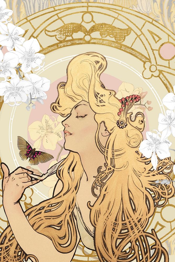 Alphonse Mucha's woman, art nouveau vintage illustration. Remixed by rawpixel.