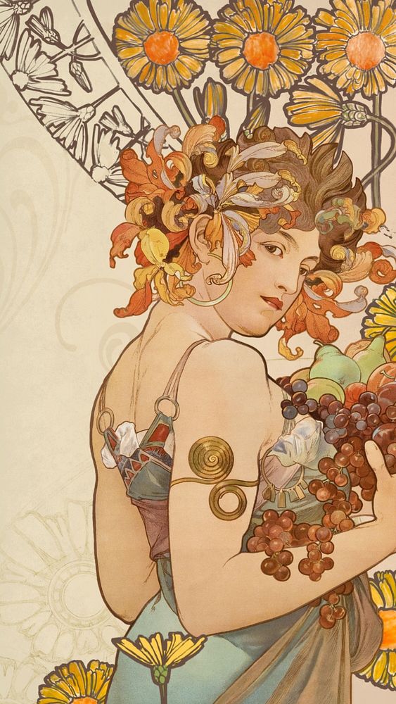 Alphonse Mucha's Fruits iPhone wallpaper, vintage art nouveau illustration. Remixed by rawpixel.