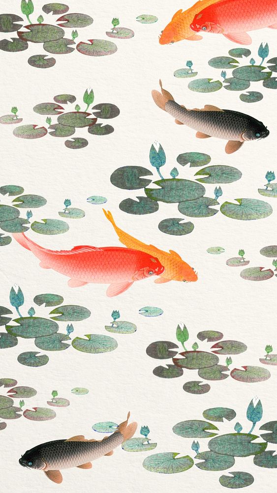 Japanese carp fish iPhone wallpaper, vintage illustration. Remixed by rawpixel.