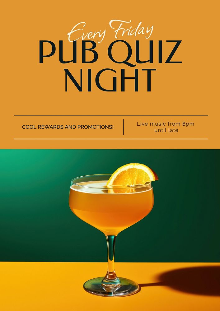 Pub quiz night poster template, editable text and design