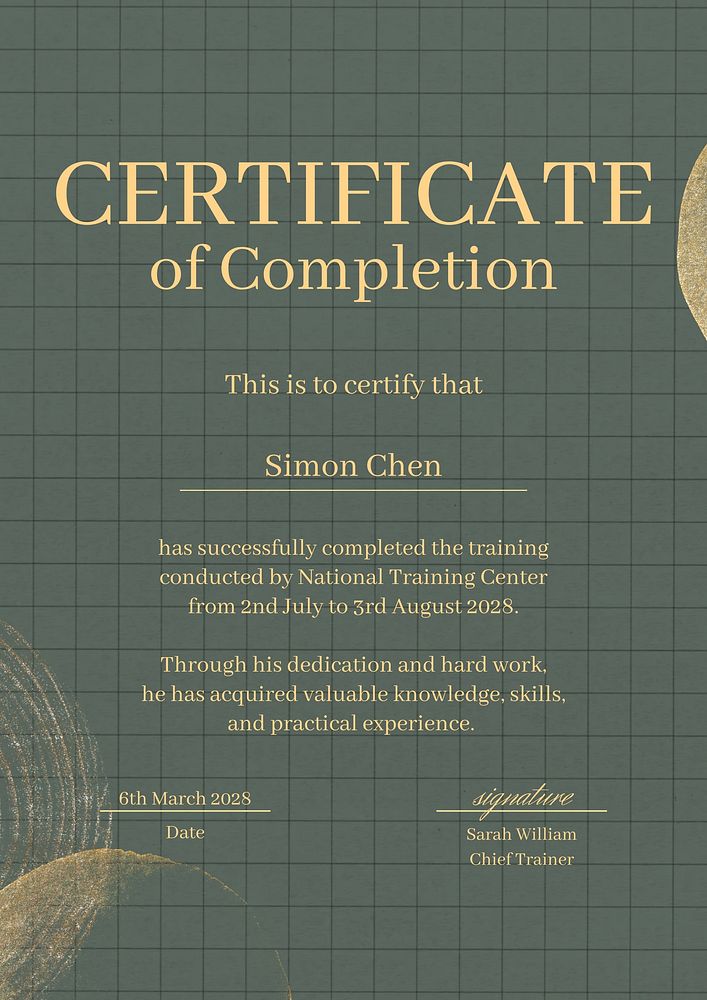 Completion certificate editable poster template