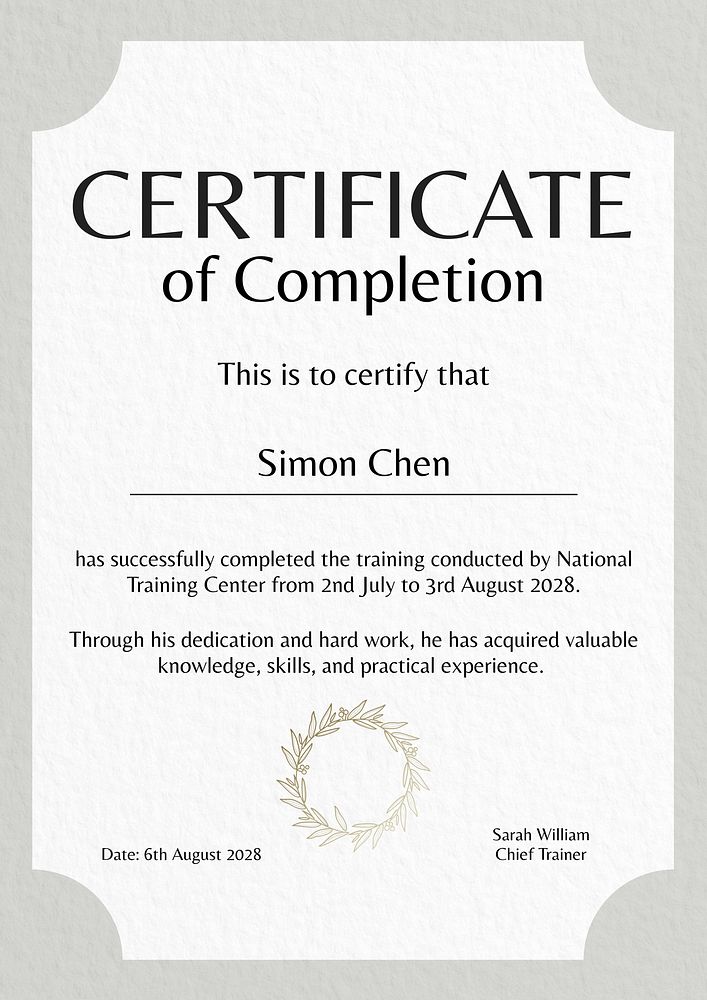 Completion certificate poster template, editable text and design