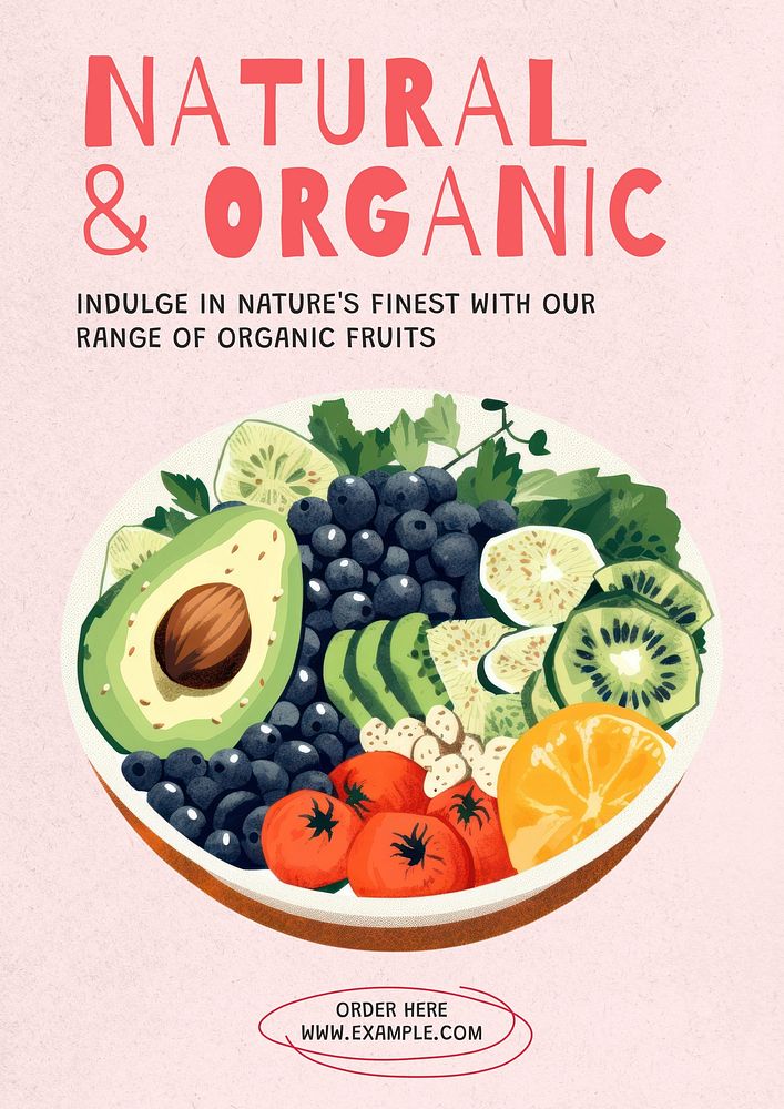 Natural organic fruit poster template, editable text and design