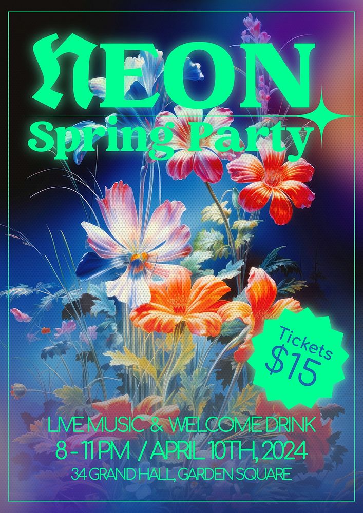 Neon spring party poster template