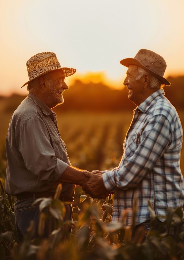 Two senior farmers in soy field hand clothing outdoors.