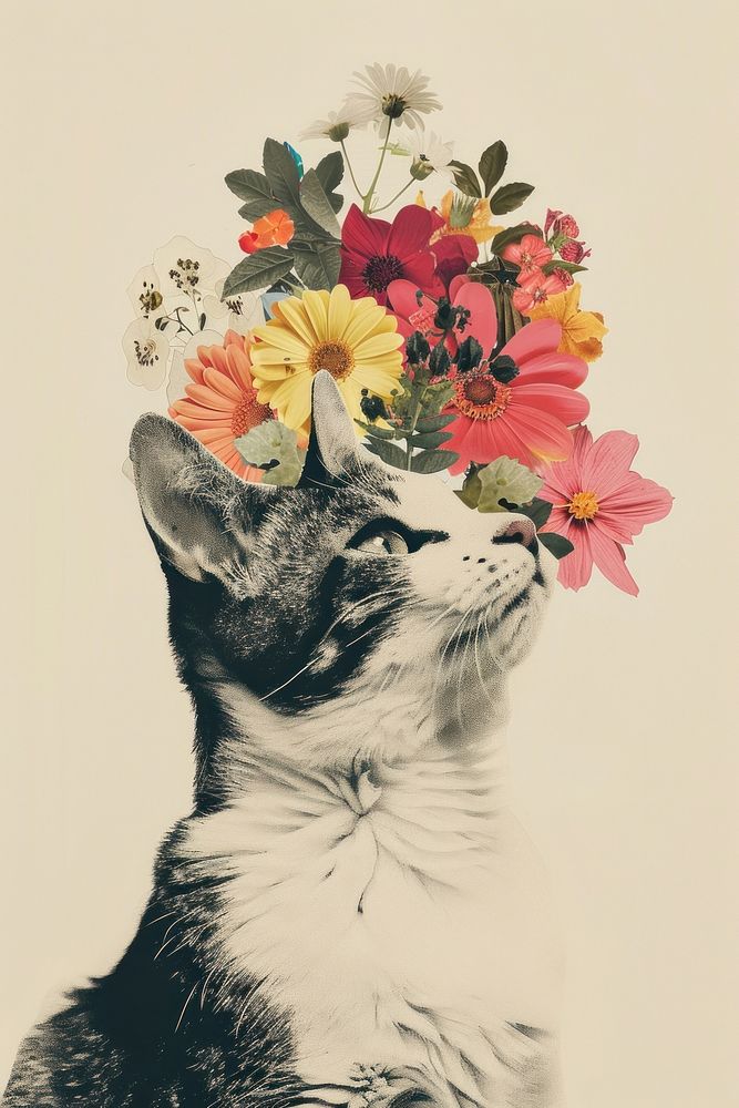 Paper collage of cat flower photo photography.