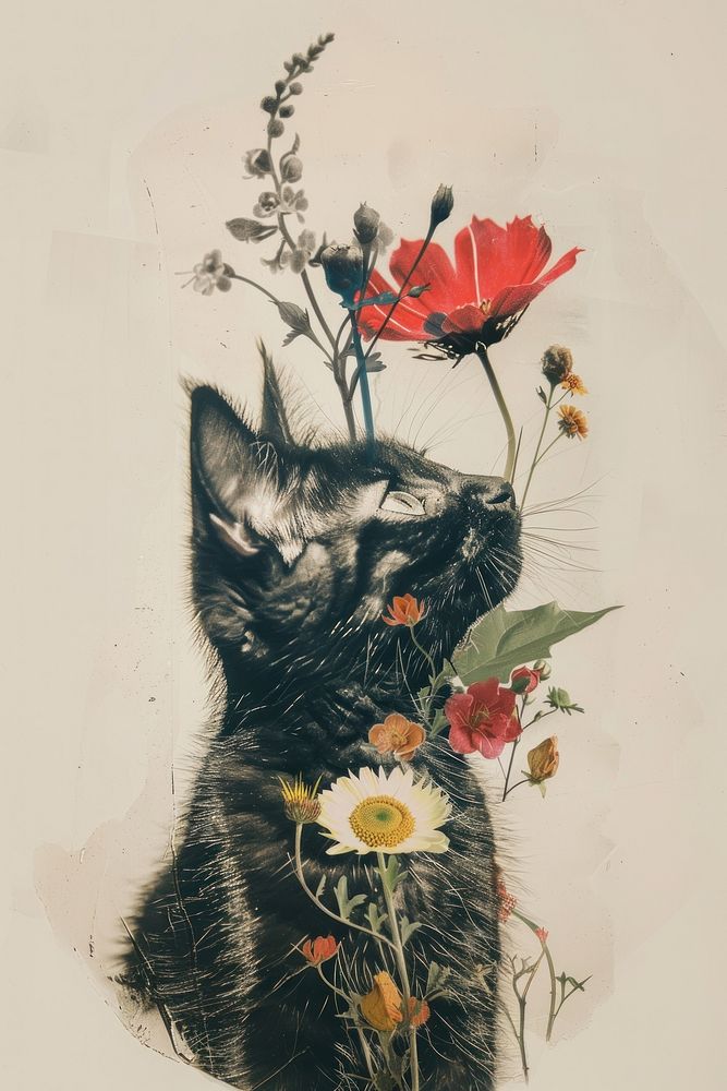 Paper collage of cat flower photo photography.
