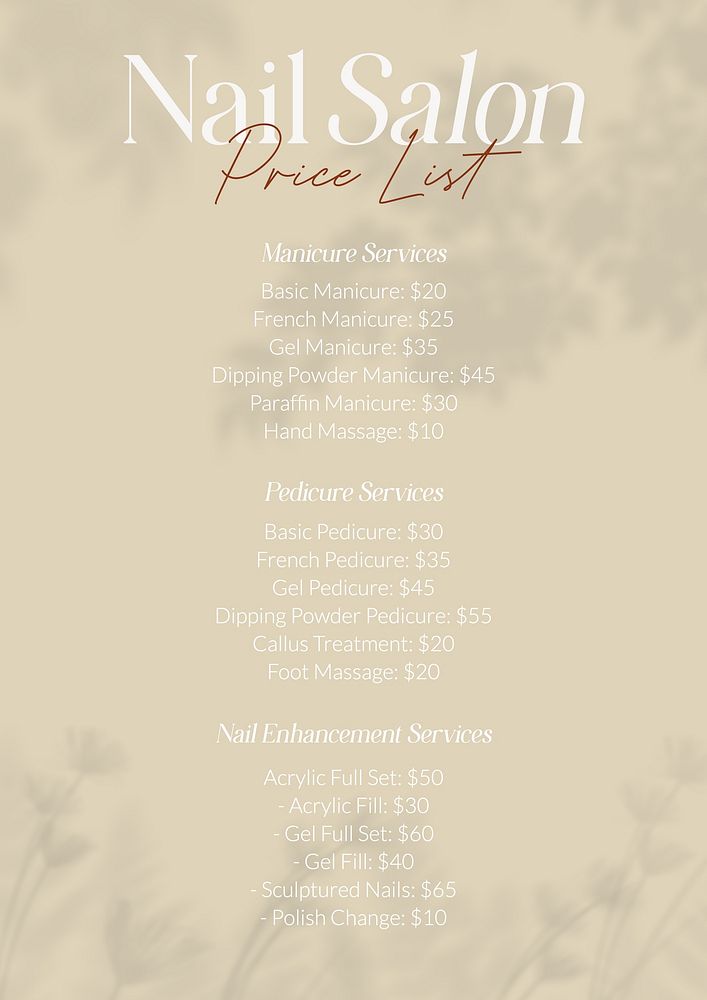 Nail salon price list template